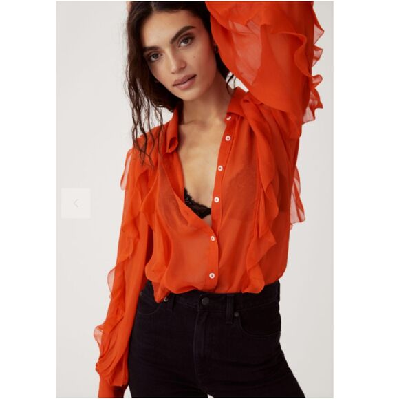 Maeve Women's Size M Orange Ruffled Button Down Blouse EUC - Picture 3 of 10